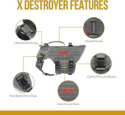 OneTigris Large Tactical Dog Harness, No Pulling Adjustable Dog Vest Harness, Heavy Duty Dog Harness with Handle, Large Hook and Loop Panels for Patch Grey