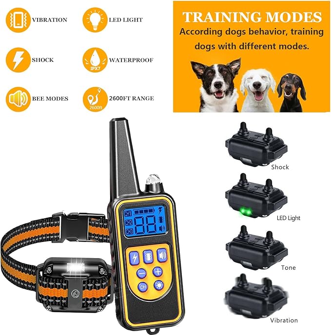 Heaflex Dog Shock Collar with Remote, Dog Training Electric Collar, Waterproof Rechargeable, 1640ft Dog Shock Collar with LED Light, Beep, Vibration, Shock for Medium/Large 3 Electronic Collars Dogs