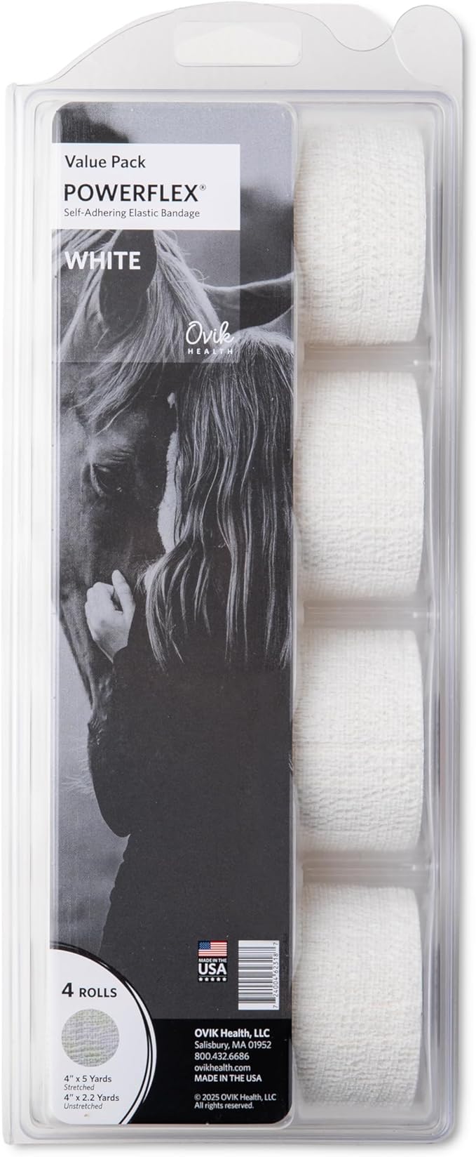 PowerFlex Equine – Extra Strong Self-Adhering Bandage Wrap – Wound Care, Compression & Support Bandage for Horses, Cows & Dogs – White, 4 inch, 4 Rolls (Resealable Case)