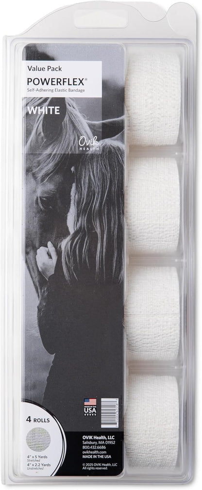 PowerFlex Equine – Extra Strong Self-Adhering Bandage Wrap – Wound Care, Compression & Support Bandage for Horses, Cows & Dogs – White, 4 inch, 4 Rolls (Resealable Case)