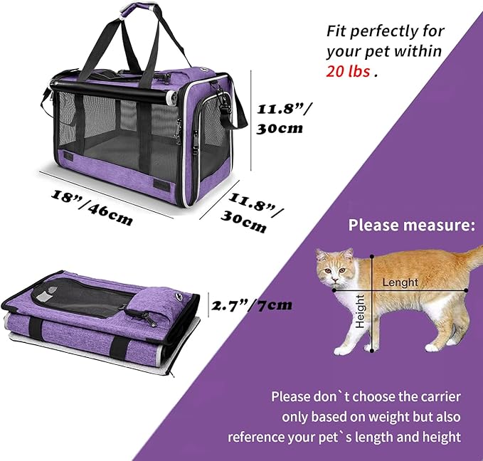 GAPZER Carrying Bag for Yorkie Dog Travel Kennel Ventilated Softside Pet Carrier Tiny Dog Crate for Teacup Poodle 12lb Large Kitty Transport Cage with Cover Chihuahua Supply Purple