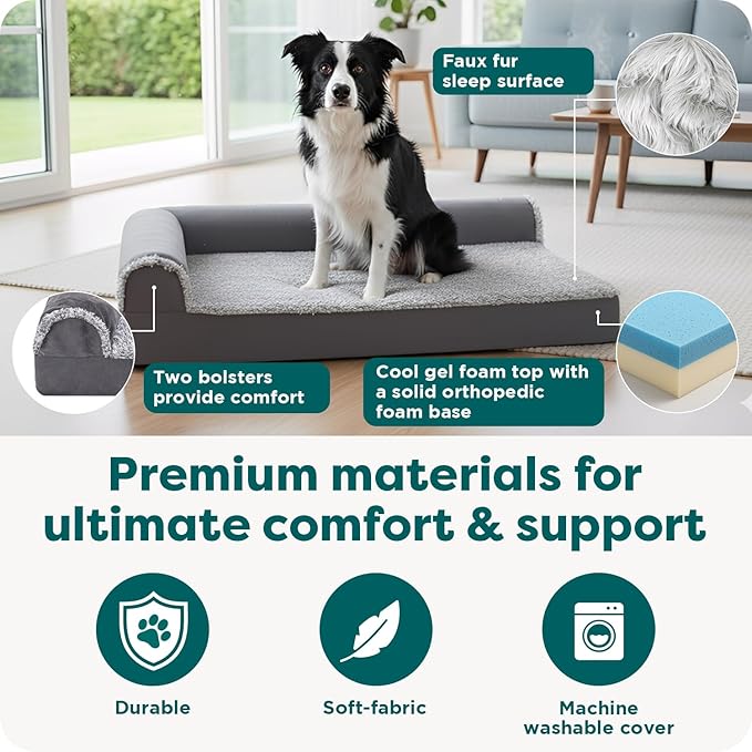 FurHaven Cooling Gel Dog Bed for Medium & Large Dogs, L-Shaped Chaise with Cool Gel-Top Foam with a Solid Orthopedic Foam Base for Joint Support, Washable Cover, Large, Plush & Suede, Stone Gray