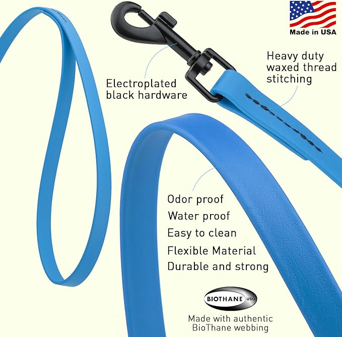 Dogline Biothane Waterproof Dog Leash Strong Coated Nylon Webbing with Black Hardware Odor-Proof Easy to Clean High Performance for Small or Large Dogs Made in USA 4 or 6 ft Lead, Cerulean Blue