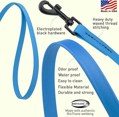 Dogline Biothane Waterproof Dog Leash 2/4/6 Ft Strong Coated Nylon Webbing with Black Hardware Odor-Proof Easy to Clean High Performance for Small or Large Dogs Made in USA, Cerulean Blue