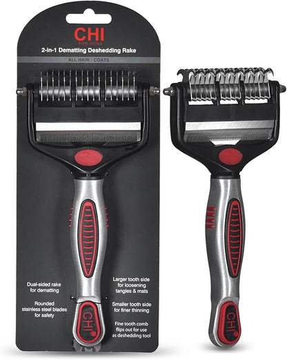 CHI for Dogs 2-in-1 Dematting and Deshedding Rake - Dual-Head Grooming Tool for Mats and Knots - Flip-Out Fine Rake for Smoothing Coats - Large Blade for Thick Fur - Dog Detangler Comb