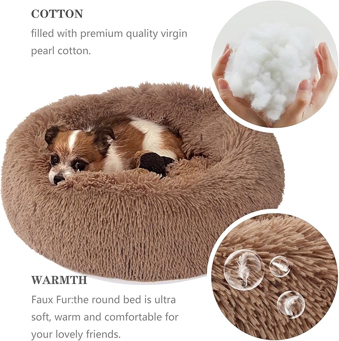 Calming Donut Dogs Beds for Small Dogs Washable,19inch Fluffy Round Puppy Bed for Puppies,Cats & Toy Breeds with Raised Rim,Fits up to 15 lbs Pets,Camel