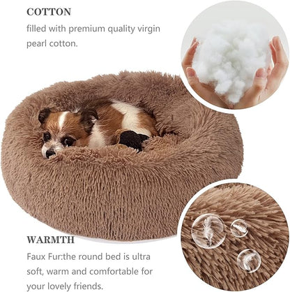 Calming Donut Dogs Beds for Small Dogs Washable,19inch Fluffy Round Puppy Bed for Puppies,Cats & Toy Breeds with Raised Rim,Fits up to 15 lbs Pets,Camel