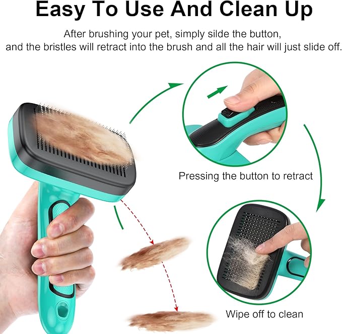 WOPQAEM Self Cleaning Slicker Brush for Dog, Cat, Skin Friendly Shedding & Grooming Tool for Long and Short Haired Pets, Easy Clean Retractable Bristles, Green