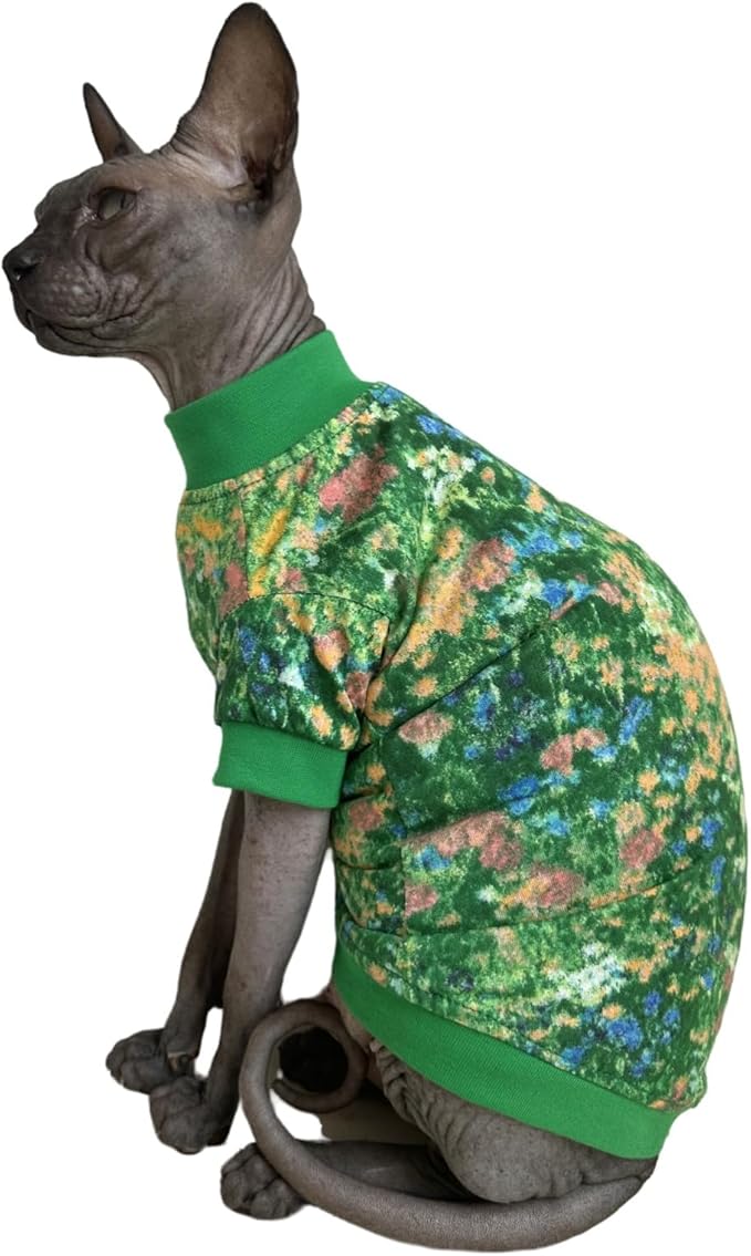 Limited Edition Sphynx Cat Cotton T-Shirts Hairless Cat Sweatshirt Pet Kitten Clothes Round Collar Kitten Shirts Vest Cats & Small Dogs Apparel (Impressionism, XL (10-12 lbs))