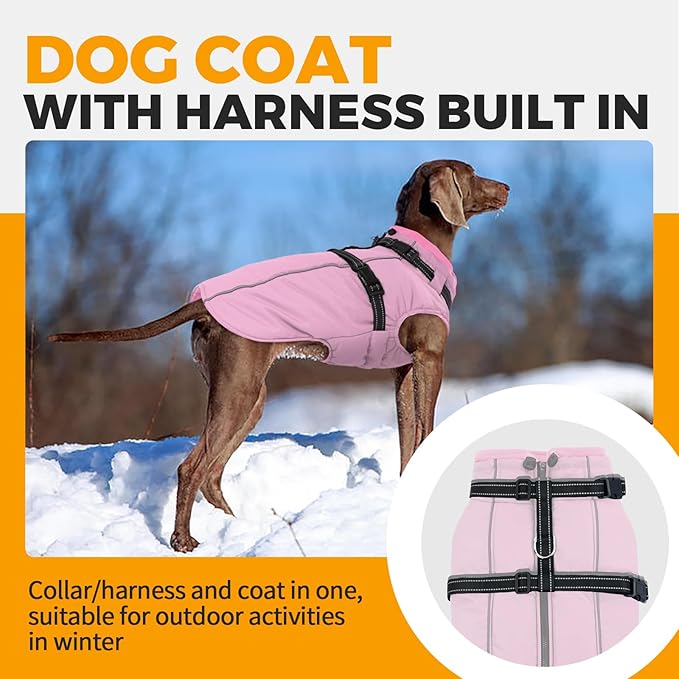 Lelepet Waterproof Dog Jacket with Harness Built in Warm Dog Winter Coat, Reflective Jacket Fleece Jacket, Windproof Dogs Coats for Small Dogs, Thermal Pet Snowsuit for Cold Weather, Yorkshire, Pink S