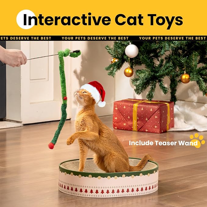 Conlun Cat Scratcher Bed, 2 in 1 Oval Cat Scratching Board for Indoor Kitty Scratch Pad Corrugated Cardboard Lounge Bowl Nest Couch Sofas for Kittens, Includes Cat Toy, Christmas