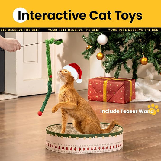Conlun Cat Scratcher Bed, 2 in 1 Oval Cat Scratching Board for Indoor Kitty Scratch Pad Corrugated Cardboard Lounge Bowl Nest Couch Sofas for Kittens, Includes Cat Toy, Christmas