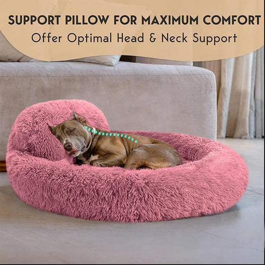 PetJett Calming Large Dog Bed - 36'' Donut Dog Beds, Anti-Slip & Washable Large Round Bed, Fluffy Faux Fur Pet Bed, Super Soft Anti-Anxiety Premium Comfort Bed, Fits Dogs up to 80 lbs - Pink
