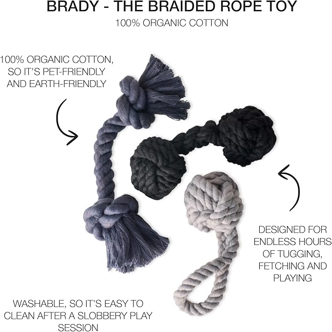Brady The Rope Tug Toy 3-Pack Organic Cotton Dog Rope Pull Toys for All Pet Breeds, Gray Ombre, One Size