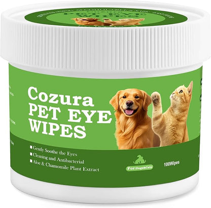 Cozura Dog & Cat Eye Wipes, Unscented 100ct Tear Stain Remover Pads - Hypoallergenic Pet Eye Cleaner for Discharge & Crust - Fragrance Free Grooming Wipes for Sensitive Eyes, Wrinkles & Folds