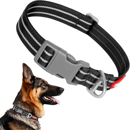 Tacwild Adjustable Reflective Dog Collar, Puppy Collar with D-Ring Buckle - Durable Safety Nylon Dog Collars for Large Dogs (Black-L)