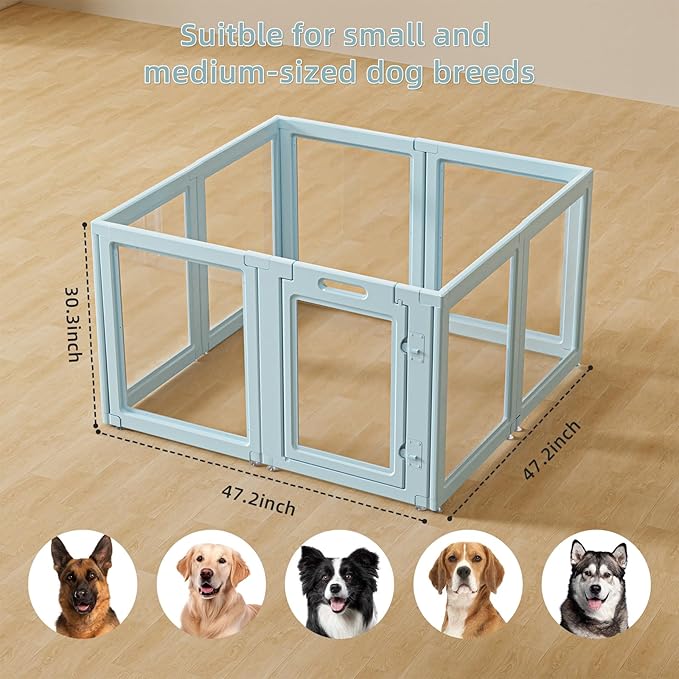 LoveTail DIY Clear Acrylic Dog Playpen House,Quick Easy Assembly and Disassembly,Strong Floor Suction,Indoor and Outdoor Use,Easy Cleansing Puppy Fence (Sky Blue, 30.3" H, 8PCS)