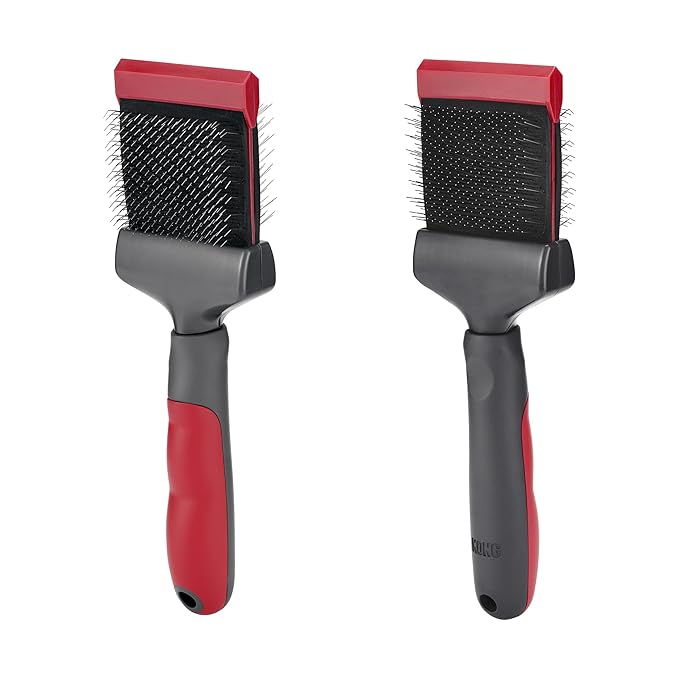 KONG Double-Sided Flexible Slicker Brush – De-Shedding & Detangling Tool, Padded Grip, Long Metal Pins, Flexible Head, for Medium to Large Dogs with Medium to Long Coats, Red/Gray