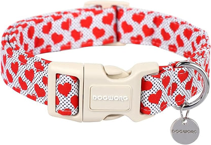 DOGWONG Valentine's Dog Collar - Red Heart Adjustable Cotton Heart Dog Collar - Perfect for Small Dogs