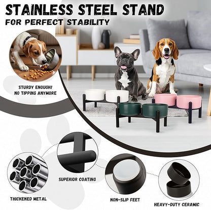 Raised Ceramic Dog Bowl Set - Elevated Double Dishes with Stainless Steel Stand - Food and Water Bowls for Small to Medium Dogs - Each Holds 2 Cups (28.75 fl oz) - Grey
