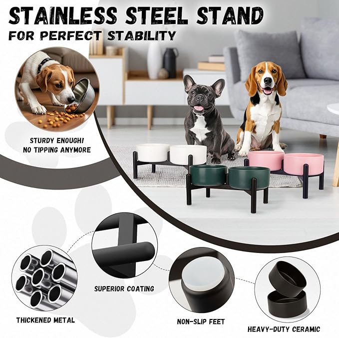 Raised Ceramic Dog Bowl Set - Elevated Double Dishes with Stainless Steel Stand - Food and Water Bowls for Small to Medium Dogs - Each Holds 2 Cups (28.75 fl oz) - Pink