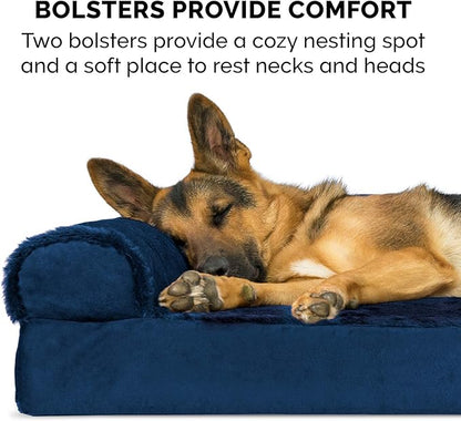 Furhaven Orthopedic Dog Bed for Large Dogs w/ Removable Bolsters & Washable Cover, For Dogs Up to 95 lbs - Plush & Velvet L Shaped Chaise - Deep Sapphire, Jumbo/XL