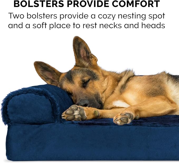 Furhaven Orthopedic Dog Bed for Large Dogs w/ Removable Bolsters & Washable Cover, For Dogs Up to 125 lbs - Plush & Velvet L Shaped Chaise - Deep Sapphire, Jumbo Plus/XXL