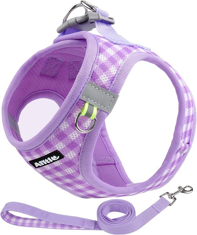 AIITLE Medium Dog Harness – Breathable Mesh with Plaid Design & Dual D-Rings – Secure Fit for Camping, Hiking & Daily Adventures (L, Purple)
