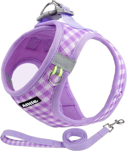 AIITLE Medium Dog Harness – Breathable Mesh with Plaid Design & Dual D-Rings – Secure Fit for Camping, Hiking & Daily Adventures (L, Purple)