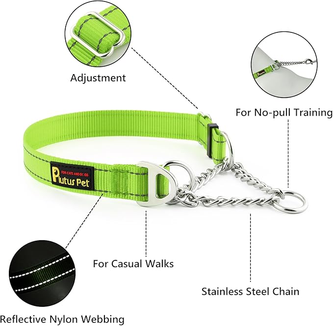 Plutus Pet Martingale Dog Collar with Stainless Steel Chain and Reflective Nylon, Adjustable No Pull Training Collar, for Small Medium, and Large Dogs, Lime Green, L