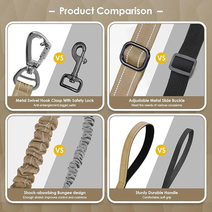 AUBELL Tactical Dog Leash Heavy Duty,4-6ft Reflective Strong No Pull Bungee Leash for Medium Large Dogs with Comfortable Padded Double Handle,Car Seat Belt,360 Degree Rotating Carabiner,Brown