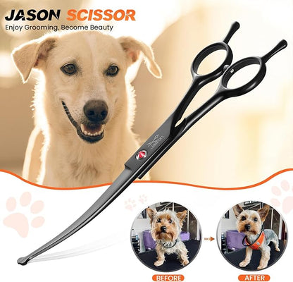 JASON 7.5" Dog Grooming Shear - Professional Up-curved Scissor with Round Tips Japanese Stainless Steel Hair Scissor for Dogs, Cats and Other Pets (Curved with Round Tips, Black) Christmas Gift
