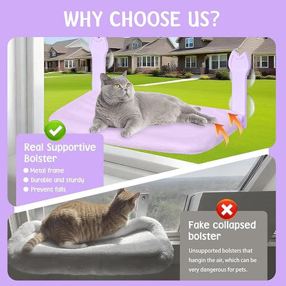 2 Pack Cat Window Perch,Cat Window Hammock Cordless Foldable Window Bed with 4 Large Strong Suction Cup,Reversible Cushion Cover,Metal Frame Easy to Adjust Window Seat Holds up to 40lbs(Purple，M)