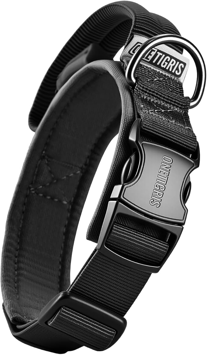 OneTigris Tough Dog Collars, Tactical Dog Collar with Handle, Milltary Adjustable Dog Collar with Heavy Duty Metal Buckle for Training (Black, S)