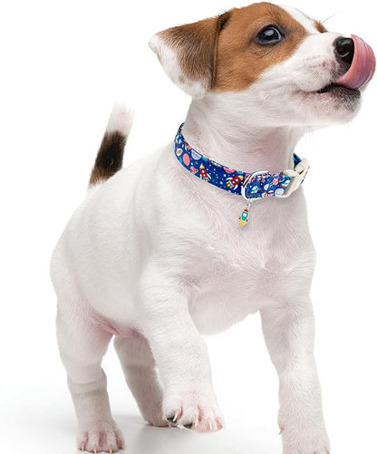Faygarsle Space Theme Dog Collar, Navy Blue with Rockets and Planets Pattern for Summer Small Medium Large Dogs XS