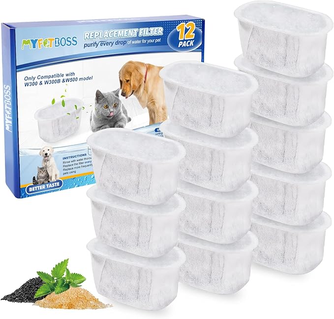MyfatBOSS 16 Pack Filters for Cat Water Fountain W300&W300B&W500 True Filtering, Pet Fountain Filter Replacement for 67oz/2L Automatic Pet Water Fountain