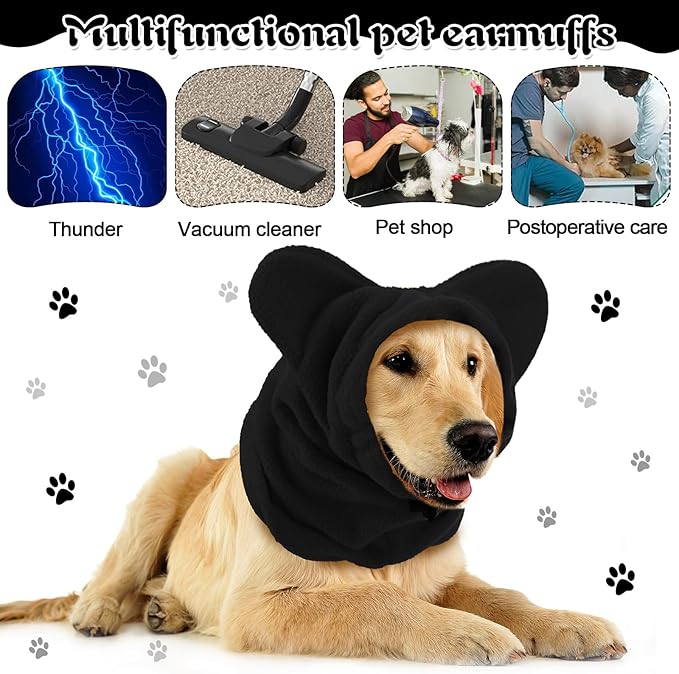 Clysee Winter Dog Hats Quiet Ears for Dogs Ear Muffs Pet Neck Warmer Scarf Hoodie Noise Protection Cover Beanie Head Wrap Costume for Pet Dog Cats(Black,XL)