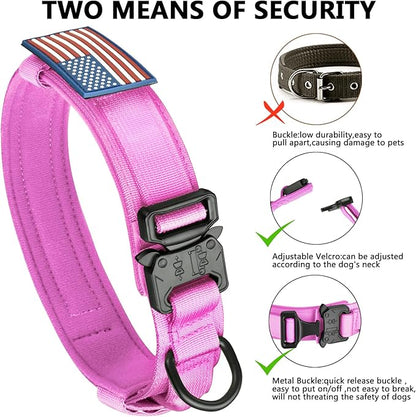 DAGANXI Tactical Dog Collar, Adjustable Military Training Nylon Dog Collar with Control Handle and Heavy Metal Buckle for Medium and Large Dogs, with Patches and Airtags Case (M, Pink)