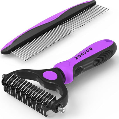 Docrok Pet Grooming Brush and Metal Comb Combo - Undercoat Rake for Dematting and Deshedding Long Matted Haired Dogs and Cats, Purple