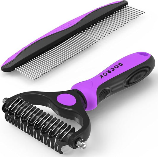 Docrok Pet Grooming Brush and Metal Comb Combo - Undercoat Rake for Dematting and Deshedding Long Matted Haired Dogs and Cats, Purple