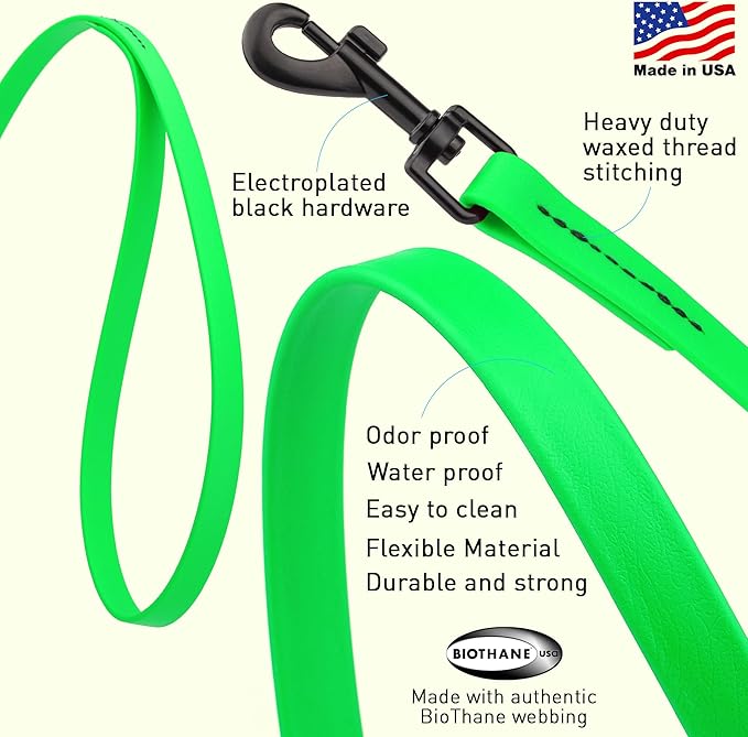 Dogline Biothane Waterproof Dog Leash Strong Coated Nylon Webbing with Black Hardware Odor-Proof Easy to Clean High Performance for Small or Large Dogs Made in USA 4 or 6 ft Lead, Tropical Green