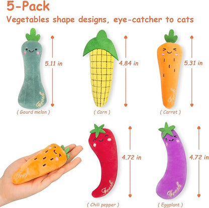 ETEKYER Catnip Cat Toys, 5 Pack, Plush Cat Nip Toys for Indoor Kitten Kitty, Interactive Cat Kicker Chew Safe Teeth Cleaning Toys, Fun Vegetable Shape