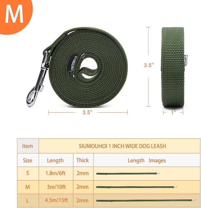Siumouhoi Strong Durable 10ft Nylon Dog Training Leash, 1 Inch Wide Traction Rope, for Small and Medium Dog (Military Green, 10 Feet)