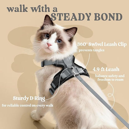 rabbitgoo Cat Harness and Leash for Walking, Escape Proof Soft Adjustable Vest Harnesses for Cats, Easy Control Breathable Reflective Strips Jacket, Grey, M