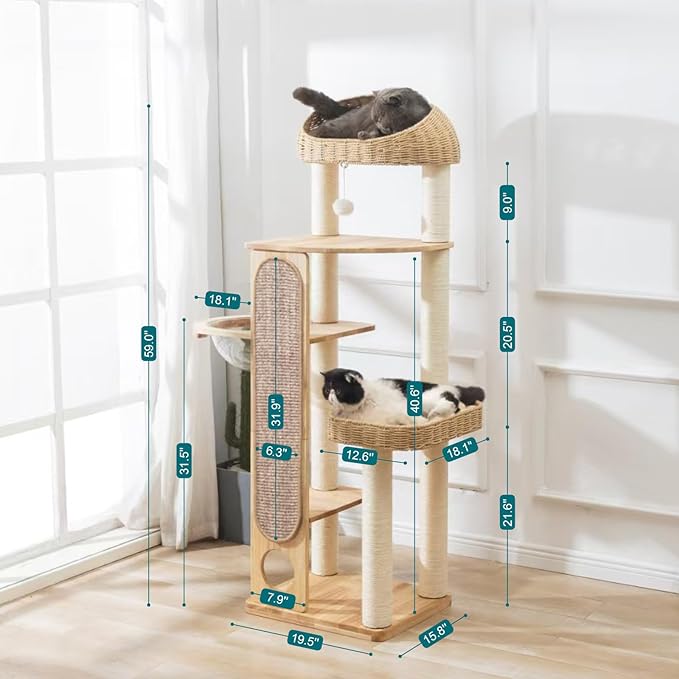 59-inch Cat Tree，Cat Tower with Scratching Post,Extra Long Sisal Blanket, Handwoven Basket & Space Capsule Nest