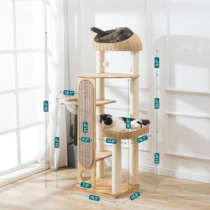59-inch Cat Tree，Cat Tower with Scratching Post,Extra Long Sisal Blanket, Handwoven Basket & Space Capsule Nest