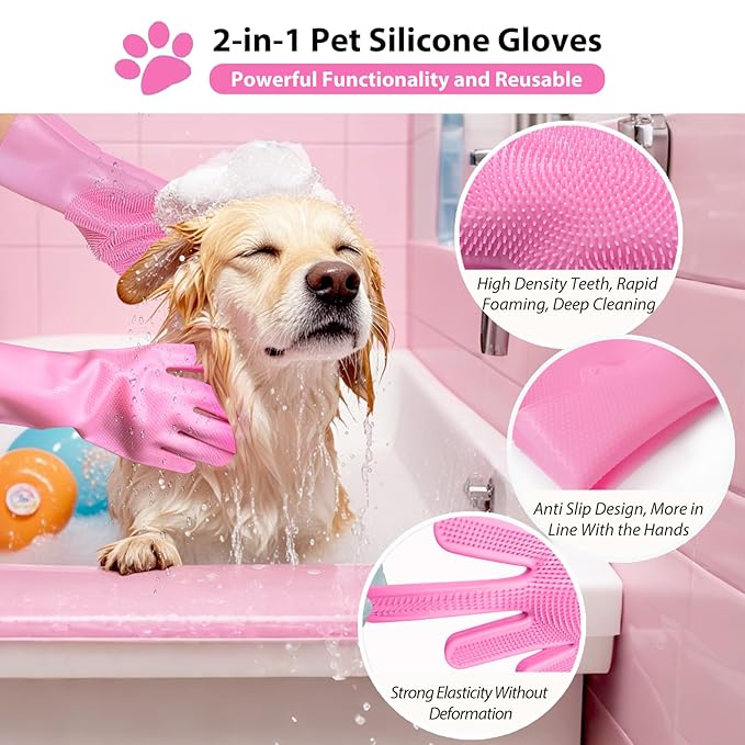 NVNAN Dog Shampoo Brush, Dog Bath Brush, and Dog Washing Gloves | Essential Dog Bath Supplies and Pet Grooming Gloves for Dogs and Cats (1 Pair, Pink)