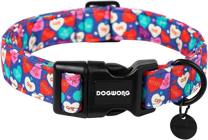 DOGWONG Valentine's Dog Collar - Blue Heart Candy Adjustable Cotton Heart Dog Collar - Perfect for Small to Medium Dogs
