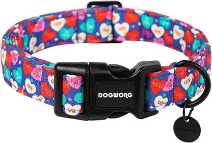 DOGWONG Valentine's Dog Collar - Blue Heart Candy Adjustable Cotton Heart Dog Collar - Perfect for Small, Medium, Large Dogs