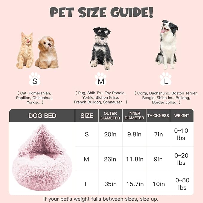 Himax Dog Bed for Medium Dogs, Pink Dogs Beds with Blanket Attached, Calming Anti-Anxiety Fluffy Dog Bed Washable (20"/26"/35")